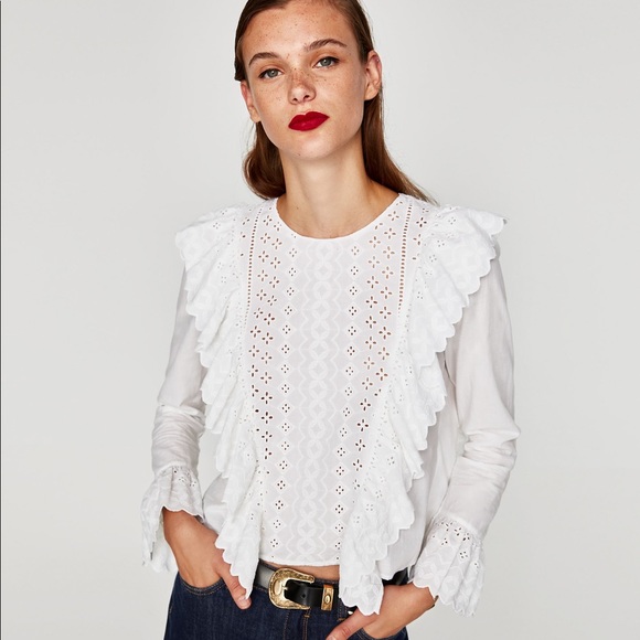 White ruffle blouse long sleeve zara Outlet